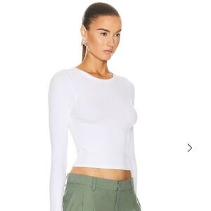 Enza Costa White Terry Knit Luxury Scoop Neck Long Sleeve Cropped Top, Size M